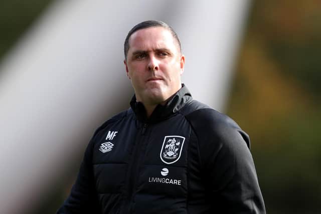 HUDDERSFIELD, ENGLAND - OCTOBER 09: Mark Fotheringham, Manager of Huddersfield Town, looks on prior to kick off of the Sky Bet Championship between Huddersfield Town and Hull City at John Smith's Stadium on October 09, 2022 in Huddersfield, England. (Photo by Charlotte Tattersall/Getty Images)