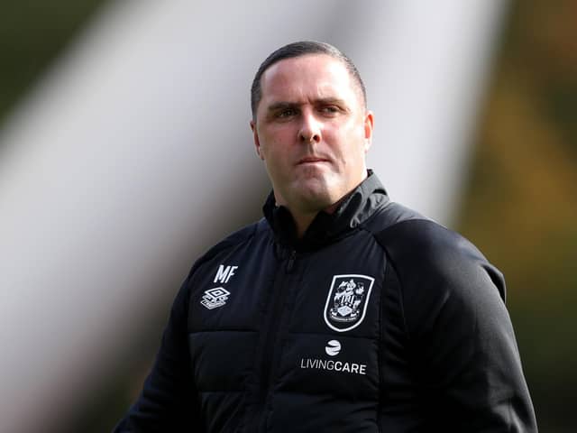 HUDDERSFIELD, ENGLAND - OCTOBER 09: Mark Fotheringham, Manager of Huddersfield Town, looks on prior to kick off of the Sky Bet Championship between Huddersfield Town and Hull City at John Smith's Stadium on October 09, 2022 in Huddersfield, England. (Photo by Charlotte Tattersall/Getty Images)