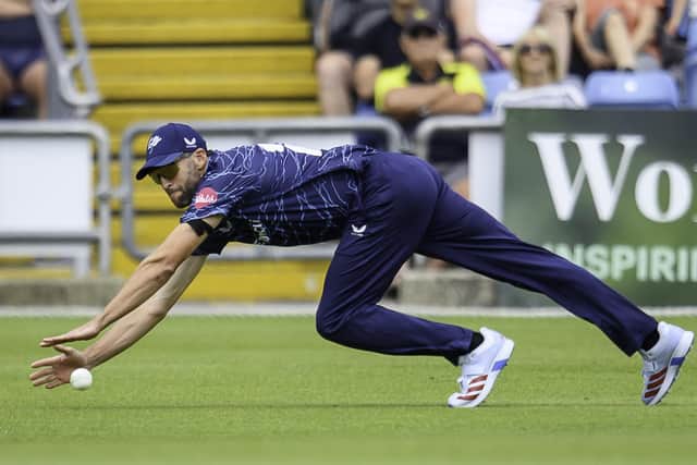 Full stretch: Yorkshire's A.J. Tye makes a brilliant diving stop. Picture by Allan McKenzie/SWpix.com