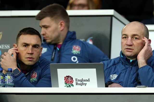 Steve Borthwick, right, the England head coach looks on with Kevin Sinfield, the England defence coach during the Six Nations Rugby match between England and Scotland at Twickenham (Picture: David Rogers/Getty Images)