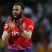 Adil Rashid of England reacts during the 1st T20 International between West Indies and England at Kensington Oval on December 12, 2023 in Bridgetown, Barbados. (Photo by Ashley Allen/Getty Images)