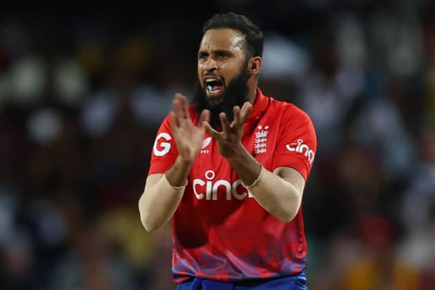 Adil Rashid of England reacts during the 1st T20 International between West Indies and England at Kensington Oval on December 12, 2023 in Bridgetown, Barbados. (Photo by Ashley Allen/Getty Images)
