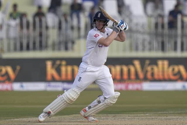 TOP MAN: Yorkshire's Harry Brook guides the ball through point for England against Pakistan in Rawalpindi. Picture: AP/Anjum Naveed