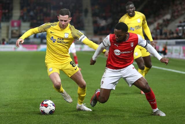 Rotherham United's Tariqe Fosu (right) and Preston North End's Alan Browne battle for the ball (Picture: Nigel French/PA Wire)