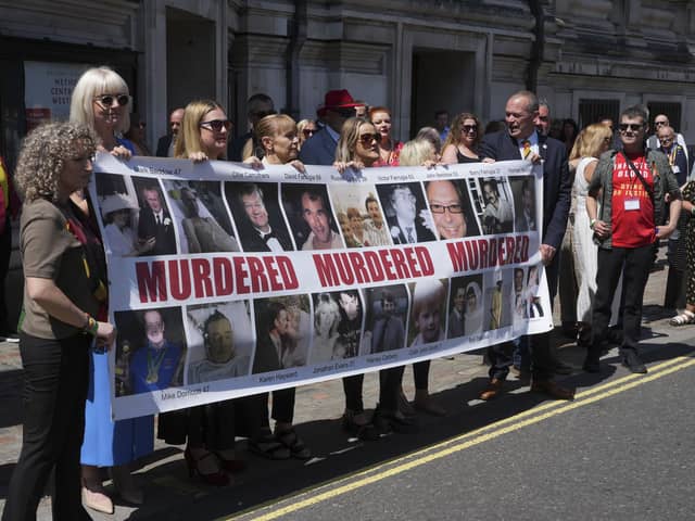 Victims and campaigners outside Central Hall in Westminster, London, after the publication of the Infected Blood Inquiry report. PIC: Jeff Moore/PA Wire