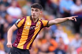 BRADFORD, ENGLAND - AUGUST 23: Kian Harratt of Bradford City gives instructions during the Carabao Cup Second Round match between Bradford City and Blackburn Rovers at University of Bradford Stadium on August 23, 2022 in Bradford, England. (Photo by George Wood/Getty Images)