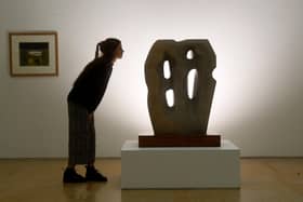 Exhibition An Axis of Abstraction Art in Cornwall and Yorkshire, Leeds Art Gallery. Dr Clare Nadal, Assistant Curator, Sculpture, Leeds Museums and Galleries with Barbara Hepworth sculpture Hieroglyph 1953. Picture: Simon Hulme