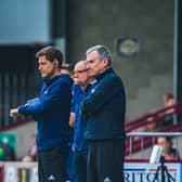 FC Halifax Town manager Chris Millington (right) and assistant Andy Cooper (centre). Picture: Marcus Branston.