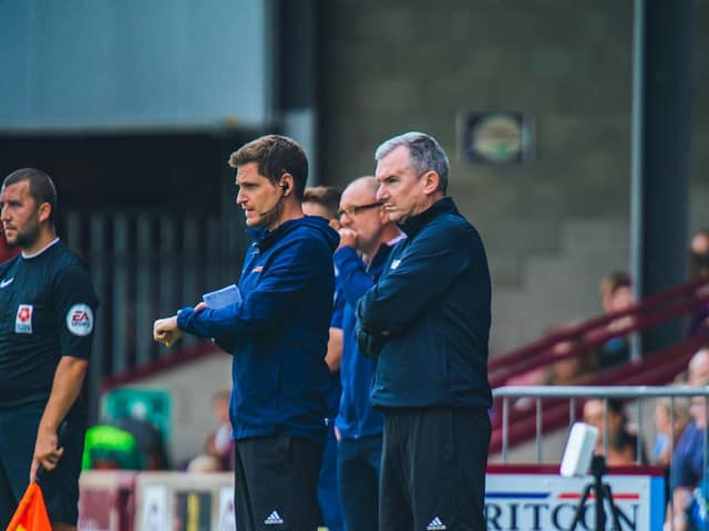 FC Halifax Town manager Chris Millington (right) and assistant Andy Cooper (centre). Picture: Marcus Branston.