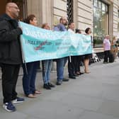 Members of the Justice For Subpostmaster Alliance (JFSA) protest outside Aldwych House in central London before former Post Office boss Paula Vennells gives evidence at the Post Office Horizon IT inquiry. PIC: Jonathan Brady/PA Wire