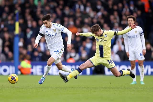 Leeds United's Ilia Gruev is fouled by Preston's Ryan Ledson during the Sky Bet Championship match at Elland Road. Photo by George Wood/Getty Images.