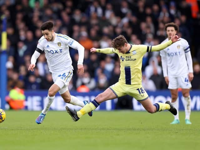 Leeds United's Ilia Gruev is fouled by Preston's Ryan Ledson during the Sky Bet Championship match at Elland Road. Photo by George Wood/Getty Images.