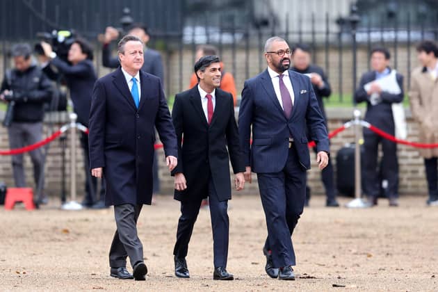 Foreign Secretary Lord David Cameron, Prime Minister Rishi Sunak, and Secretary of State for the Home Department, James Cleverly, arrive ahead of the ceremonial welcome for the President of South Korea. PIC: Chris Jackson/PA Wire