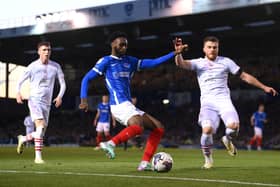 PORTSMOUTH, ENGLAND - APRIL 16: Abu Kamara of Portsmouth shoots during the Sky Bet League One match between Portsmouth and Barnsley at Fratton Park on April 16, 2024 in Portsmouth, England. (Photo by Alex Davidson/Getty Images)