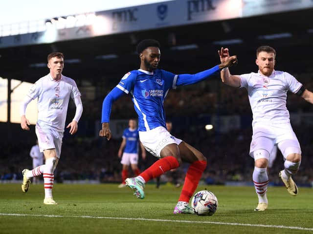 PORTSMOUTH, ENGLAND - APRIL 16: Abu Kamara of Portsmouth shoots during the Sky Bet League One match between Portsmouth and Barnsley at Fratton Park on April 16, 2024 in Portsmouth, England. (Photo by Alex Davidson/Getty Images)