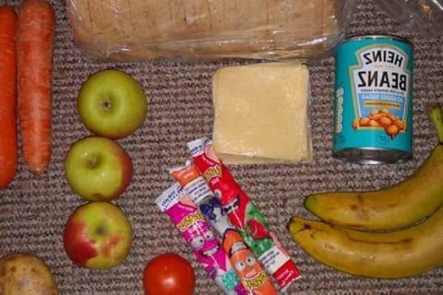This food parcel was shared on Twitter, apparently supposed to feed a child for 10 lunches (Picture: Twitter)