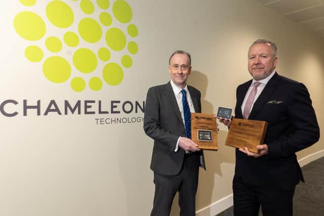 Lord Callanan, Minister for Energy Efficiency and Green Finance at the Department for Energy Security and Net Zero (left) with Mike Woodhall, CEO of Chameleon Technology.