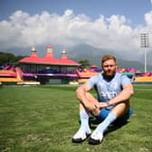 Jonny Bairstow poses at the Dharamsala venue where he will make his 100th Test appearance next week. Photo by Gareth Copley/Getty Images.