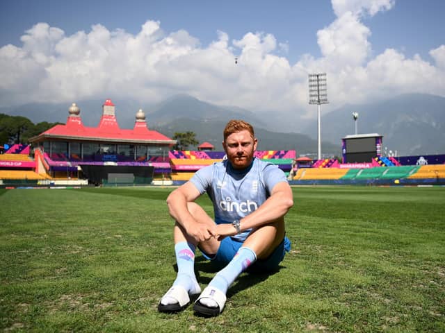 Jonny Bairstow poses at the Dharamsala venue where he will make his 100th Test appearance next week. Photo by Gareth Copley/Getty Images.