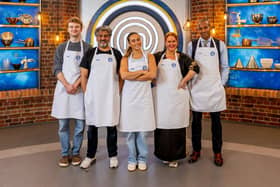 Celebrity MasterChef contestants Tom Simons, Nitin Ganatra, Emily Steel, Donna Preston, Eric Underwood. Photo: BBC/Shine TV.