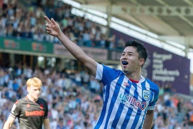 Yuta Nakayama scores Huddersfield Town's opening goal against Stoke City earlier this season. Picture: Bruce Rollinson.