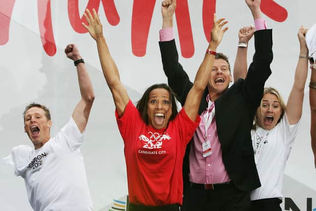 LONDON - JULY 6:  (Lt to Rt) Danny Crates, Dame Kelly Holmes, Steve Cram and Sarah Webb jump for joy as they hear that London win the Olympic 2012 bid during the Public Viewing For the International Olympic Committee Decision at Trafalgar Square on July 6, 2005 in London, England. (Photo by Christopher Lee/Getty Images)