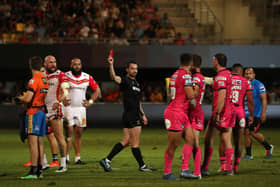 Referee James Child shows a red card to Gil Dudson of Catalans Dragons during the Super League play-off clash in the south of France. Picture: Manuel Blondeau/SWpix.com