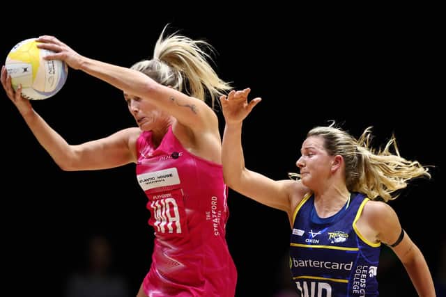 Rosie Harris, right, of Leeds Rhinos battles Chelsea Pitman od London Pulse for possession in the 2023 season opener (Picture: Naomi Baker/Getty Images for England Netball)