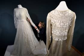 Wedding dresses from the ages exhibition at Ryedale Folk Museum, Hutton-le-Hole, Kirkbymoorside. Director of the Museum Jennifer Smith is pictured with a selection of Wedding dresses from the area..Picture by Simon Hulme