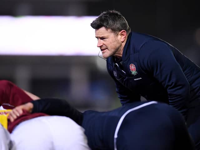 Changing roles: Andy Titterrell watches over warm ups in his role as England Under-20s assistant coach during the recent age-group SIx Nations. On Saturday he leads the Under-19s against France at Castle Park (Picture: Andy Watts/AMP/Getty Images via RFU)