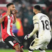 TRUSTY DEFENDER: Centre-back Auston Trusty, pictured celebrating with Wes Foderingham, was a rock in a difficult first half for Sheffield United