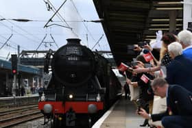 The Flying Scotsman arrives at Doncaster Station in July for its first visit since 1983