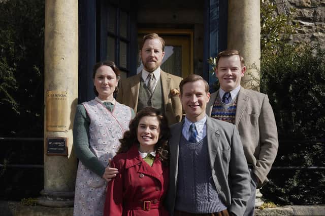 The All Creatures Great and Small Series 7 Skeldale House family portrait shows, L-R clockwise: Samuel West (Siegfried Farnon), Callum Woodhouse (Tristan Farnon), Nicholas Ralph (James Herriot), Rachel Shenton (Helen Herriot), Anna Madeley (Mrs Hall). Photographer: Helen Williams - Copyright ©5 Broadcasting Limited / ©Playground Television UK Ltd 2026