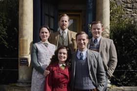 The All Creatures Great and Small Series 7 Skeldale House family portrait shows, L-R clockwise: Samuel West (Siegfried Farnon), Callum Woodhouse (Tristan Farnon), Nicholas Ralph (James Herriot), Rachel Shenton (Helen Herriot), Anna Madeley (Mrs Hall). Photographer: Helen Williams - Copyright ©5 Broadcasting Limited / ©Playground Television UK Ltd 2026