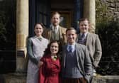The All Creatures Great and Small Series 7 Skeldale House family portrait shows, L-R clockwise: Samuel West (Siegfried Farnon), Callum Woodhouse (Tristan Farnon), Nicholas Ralph (James Herriot), Rachel Shenton (Helen Herriot), Anna Madeley (Mrs Hall). Photographer: Helen Williams - Copyright ©5 Broadcasting Limited / ©Playground Television UK Ltd 2026