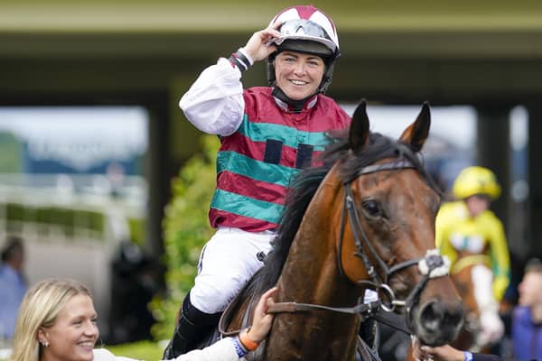 ASCOT, ENGLAND - JULY 22: Becky Smith celebrates after riding Carnival Zain to win The AllInTheRace Ascot Lady Amateur Riders' Handicap at Ascot Racecourse on July 22, 2022 in Ascot, England. (Photo by Alan Crowhurst/Getty Images)