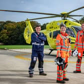 Yorkshire Air Ambulance pilot Garry Brasher with paramedic Sammy Wills and Dr Steve Rowe at their base in Nostell near Wakefield. (Pic credit: Tony Johnson)