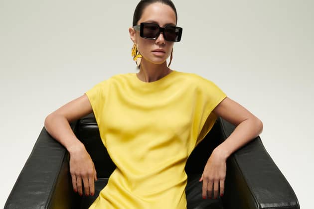 M&S Collection yellow dress, £49.50; sunglasses, £15; earrings, £16.
