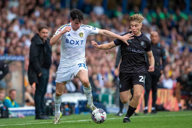 Leeds United midfielder Archie Gray is pictured operating at right-back in the recent Championship home game against Bristol City. Picture: Bruce Rollinson