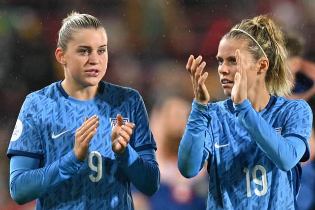 Unfamiliar feeling: England's striker Alessia Russo (L) and England's defender Rachel Daly applaud the fans following the International football friendly match between England and Australia (Picture: GLYN KIRK/AFP via Getty Images)