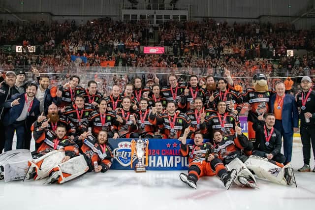 WINNERS: Sheffield Steelers lift celebrate winning the Challenge Cup after beating Guildford Flames 3-1. Picture: Tony Johnson.
