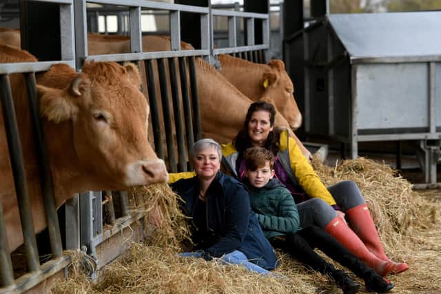 Kate McNeil (left) pictured with  Joyce Dickinson and Joyce's son Tymo amongst the British Blonde cattle