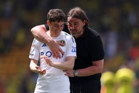 CHARMER: Leeds United manager Daniel Farke (right) with Leeds United's Daniel James after Sunday's 0-0 draw at Carrow Road. Picture: Steven Paston/PA