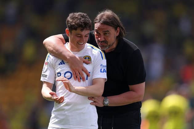 CHARMER: Leeds United manager Daniel Farke (right) with Leeds United's Daniel James after Sunday's 0-0 draw at Carrow Road. Picture: Steven Paston/PA