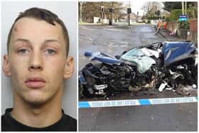 Sparkes and the "unrecognisable" wreckage of the BMW left on Dibb Lane.