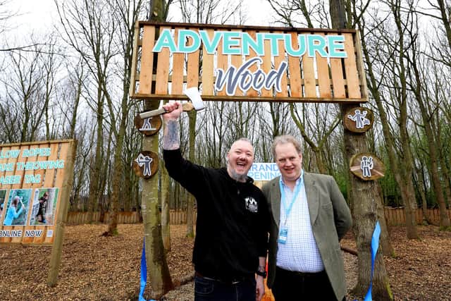 Carl Howe, European Axe Throwing Champion with the North Yorkshire Water Park director.