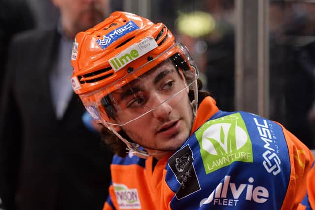 THAT WAS THEN: Liam Kirk, pictured on the bench for the Sheffield Steelers during the 2017-18 Elite League season. Picture courtesy of Dean Woolley/Steelers Media/EIHL.