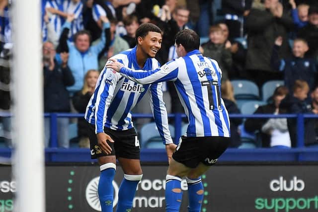 Louie Barry celebrates his second goal with Mason Burstow - two signings who have made an instant impact for Sheffield Wednesday.