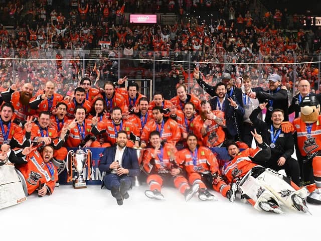 CHAMPIONS: Sheffield Steelers' celebrate their Elite League title success. Picture: Steelers Media.