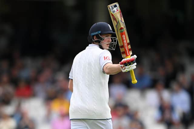 Harry Brook of England celebrates his 50 during Day One of the LV= Insurance Ashes 5th Test Match between England and Australia at The Kia Oval (Picture: Stu Forster/Getty Images)